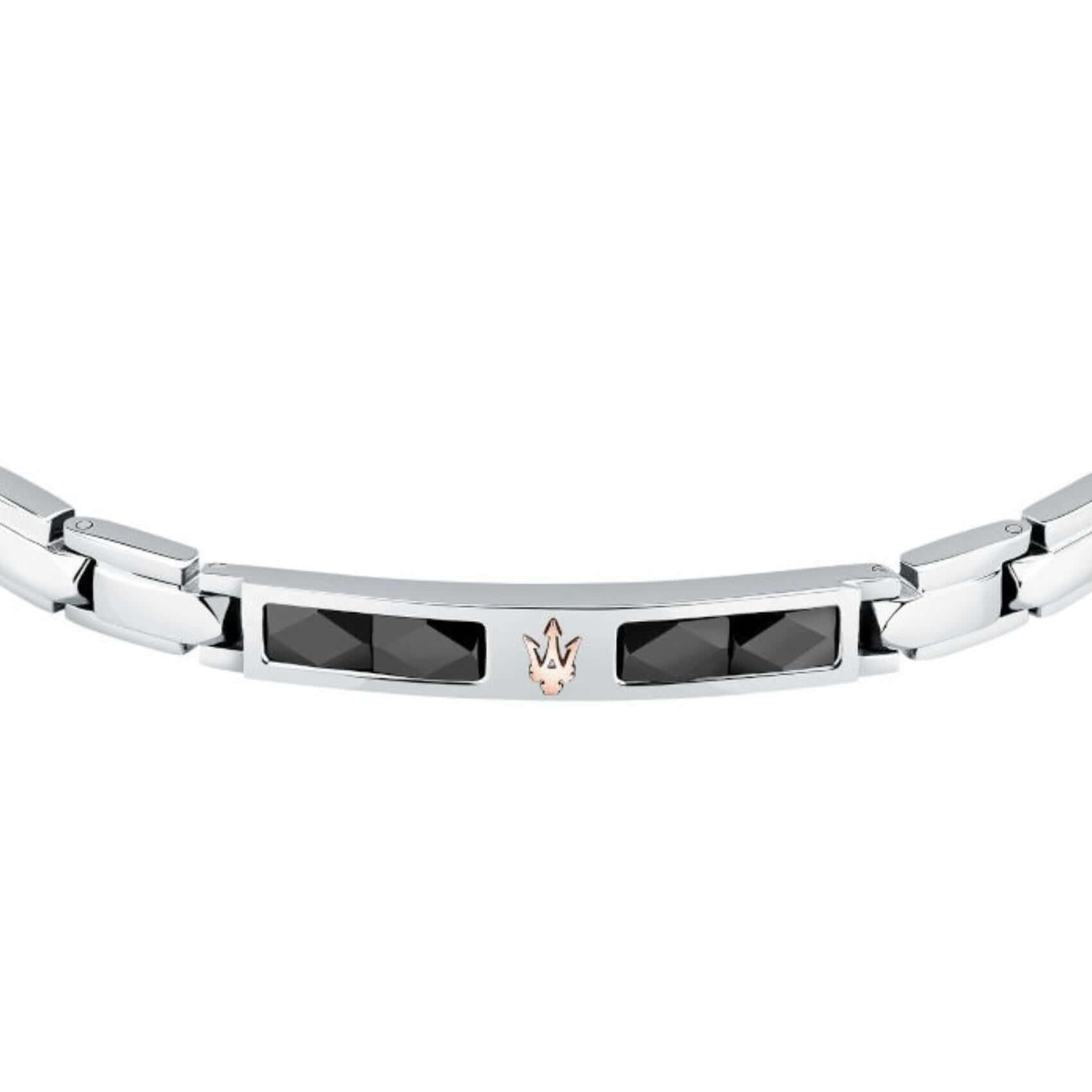 Ανδρικό βραχιόλι Maserati Diamonds JM224ATZ40 από ανοξείδωτο ατσάλι και κεραμικό, ασημί-μαύρο και ροζ χρυσή τρίαινα, κοντινή λήψη.