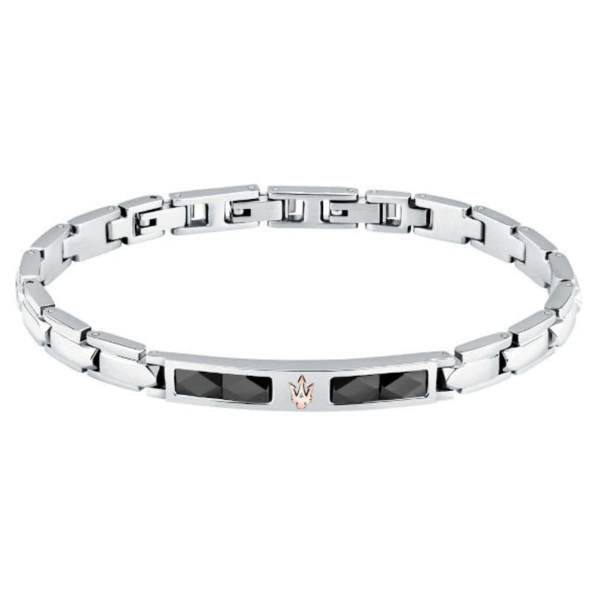 Ανδρικό βραχιόλι Maserati Diamonds JM224ATZ40 από ανοξείδωτο ατσάλι και κεραμικό, ασημί-μαύρο και ροζ χρυσή τρίαινα.
