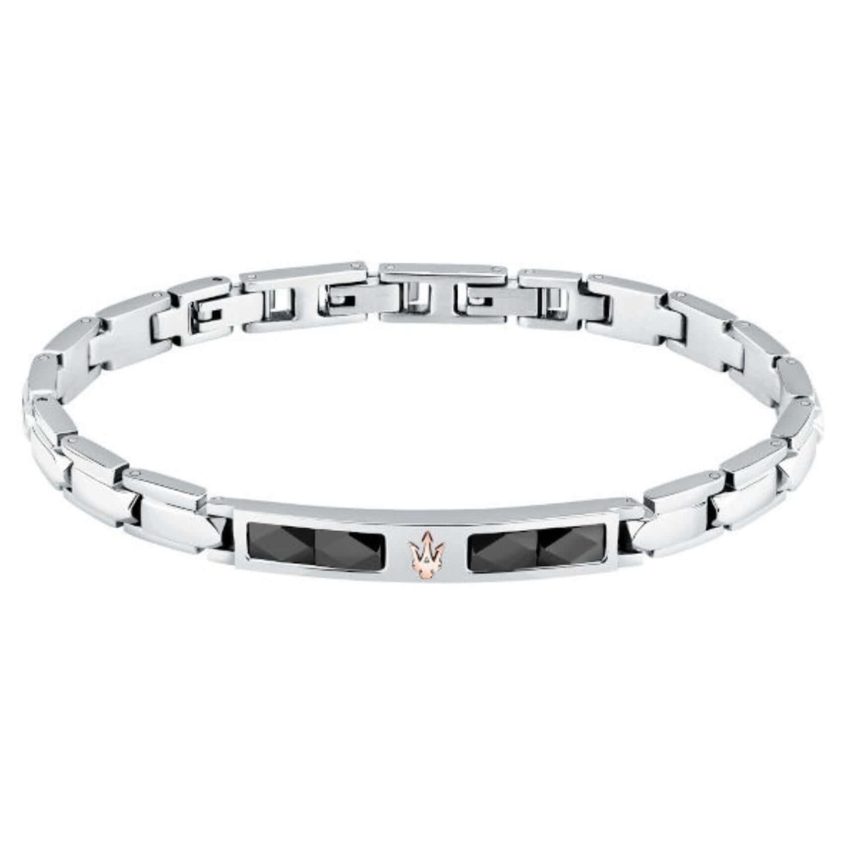Ανδρικό βραχιόλι Maserati Diamonds JM224ATZ40 από ανοξείδωτο ατσάλι και κεραμικό, ασημί-μαύρο και ροζ χρυσή τρίαινα.