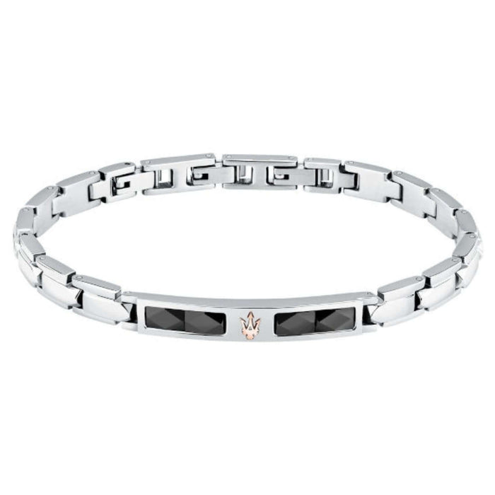 Ανδρικό βραχιόλι Maserati Diamonds JM224ATZ40 από ανοξείδωτο ατσάλι και κεραμικό, ασημί-μαύρο και ροζ χρυσή τρίαινα.
