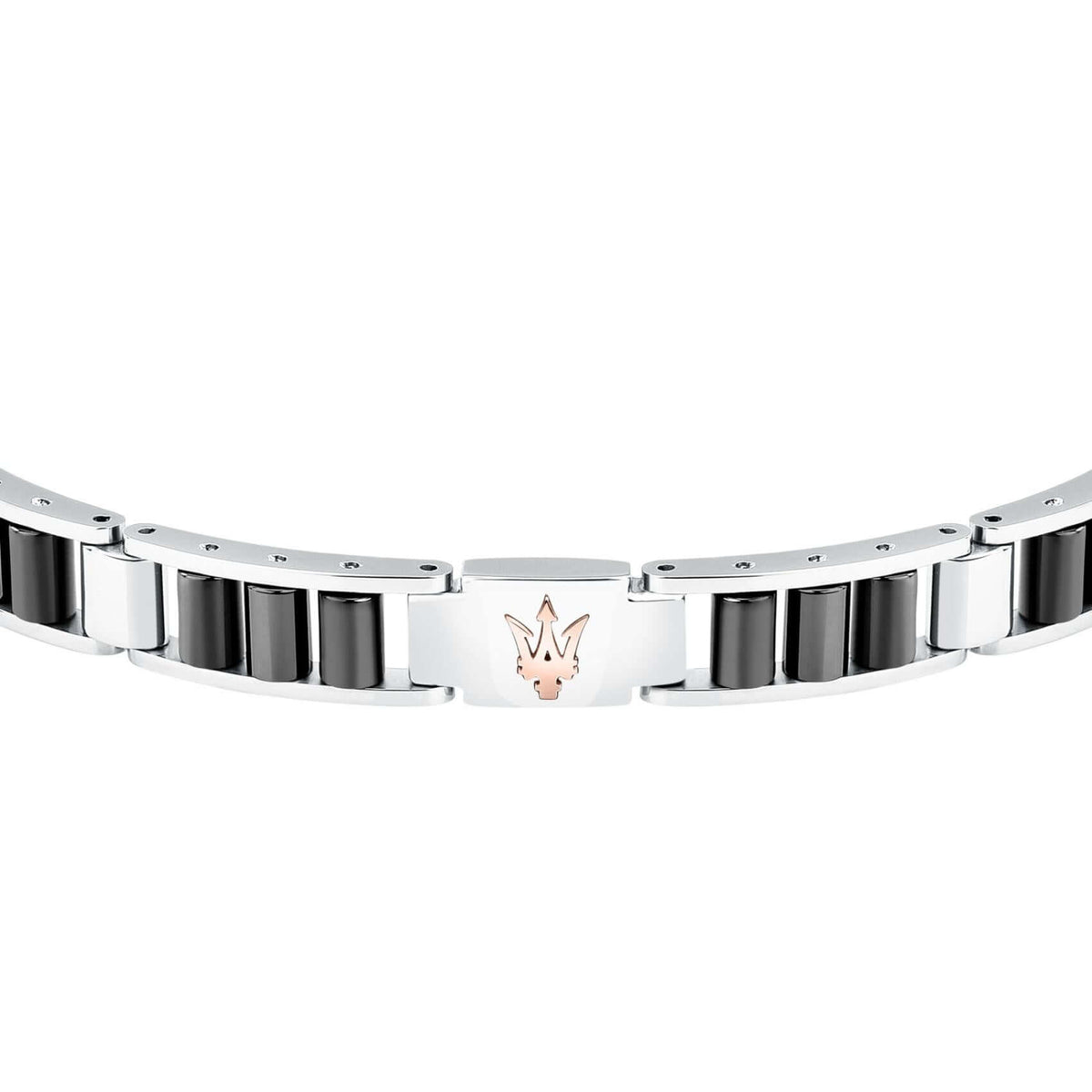 Ανδρικό βραχιόλι Maserati Diamonds JM225ATZ53 από ανοξείδωτο ατσάλι και κεραμικό, ασημί-μαύρο και ροζ χρυσή τρίαινα, κοντινή λήψη.