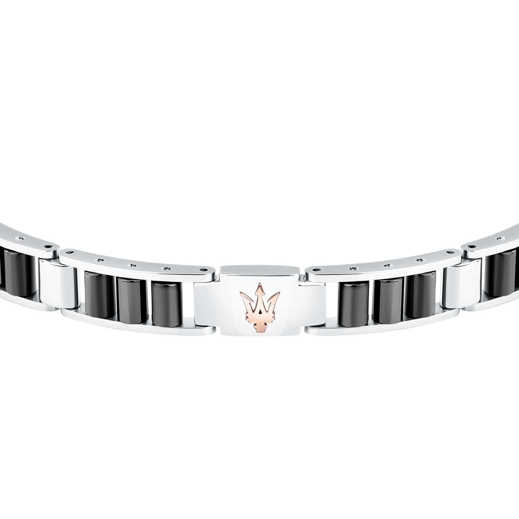 Ανδρικό βραχιόλι Maserati Diamonds JM225ATZ53 από ανοξείδωτο ατσάλι και κεραμικό, ασημί-μαύρο και ροζ χρυσή τρίαινα, κοντινή λήψη.