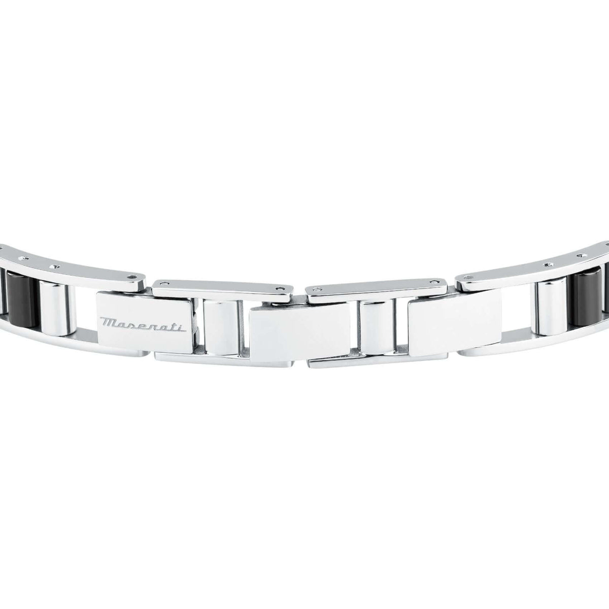 Ανδρικό βραχιόλι Maserati Diamonds JM225ATZ53 από ανοξείδωτο ατσάλι και κεραμικό, ασημί-μαύρο και ροζ χρυσή τρίαινα, κούμπωμα.