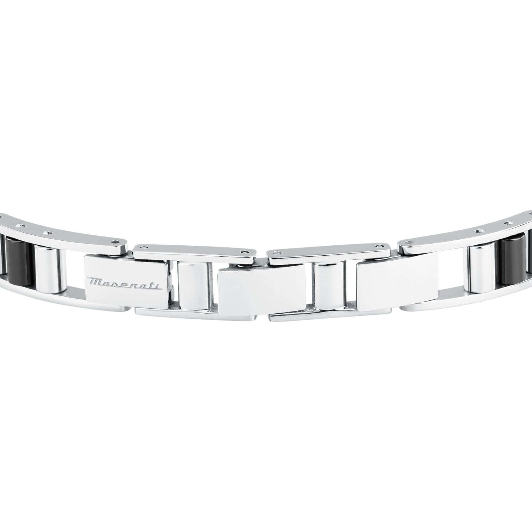 Ανδρικό βραχιόλι Maserati Diamonds JM225ATZ53 από ανοξείδωτο ατσάλι και κεραμικό, ασημί-μαύρο και ροζ χρυσή τρίαινα, κούμπωμα.