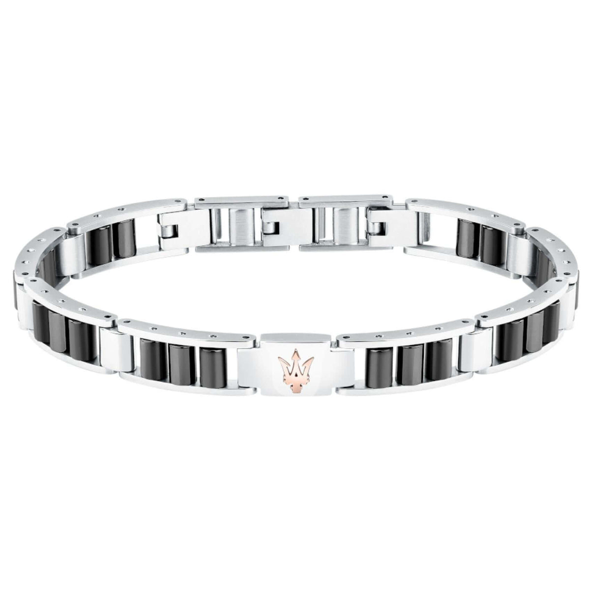 Ανδρικό βραχιόλι Maserati Diamonds JM225ATZ53 από ανοξείδωτο ατσάλι και κεραμικό, ασημί-μαύρο και ροζ χρυσή τρίαινα.