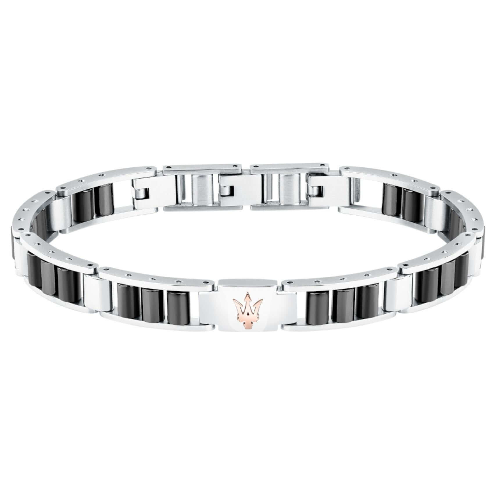 Ανδρικό βραχιόλι Maserati Diamonds JM225ATZ53 από ανοξείδωτο ατσάλι και κεραμικό, ασημί-μαύρο και ροζ χρυσή τρίαινα.
