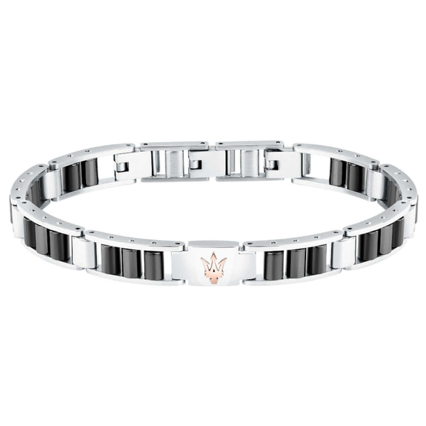 Ανδρικό βραχιόλι Maserati Diamonds JM225ATZ53 από ανοξείδωτο ατσάλι και κεραμικό, ασημί-μαύρο και ροζ χρυσή τρίαινα.