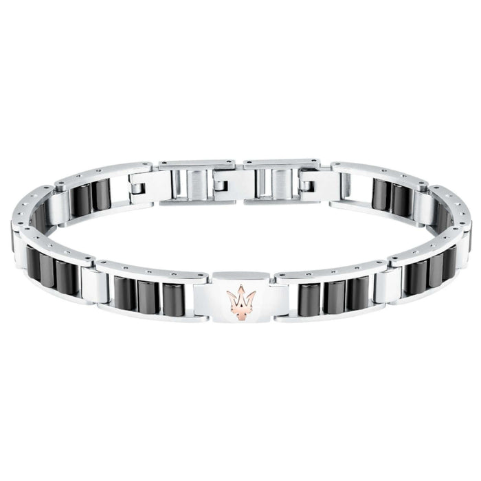 Ανδρικό βραχιόλι Maserati Diamonds JM225ATZ53 από ανοξείδωτο ατσάλι και κεραμικό, ασημί-μαύρο και ροζ χρυσή τρίαινα.