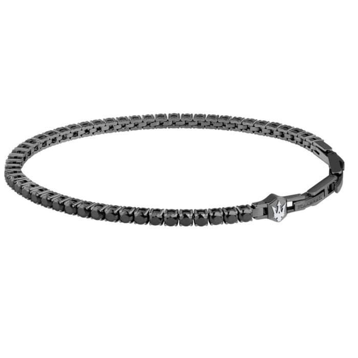 Ανδρικό βραχιόλι Maserati JM425AVC08 ριβιέρα από ανοξείδωτο ατσάλι σε μαύρο χρώμα, με μαύρα ζιργκόν και ασημί τρίαινα.