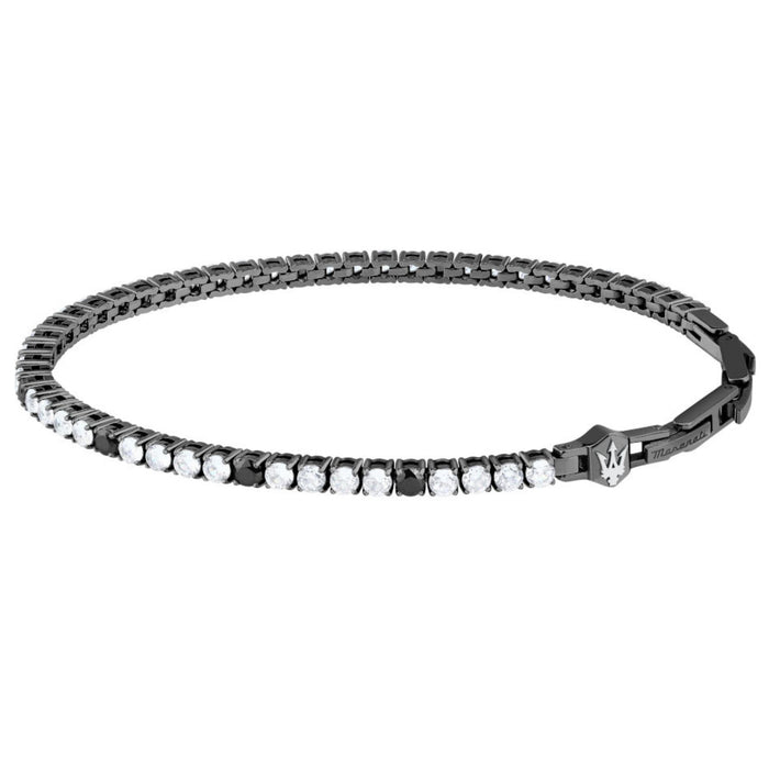 Ανδρικό βραχιόλι Maserati JM425AVC09 ριβιέρα από ανοξείδωτο ατσάλι σε μαύρο χρώμα, με μαύρα και λευκά ζιργκόν και ασημί τρίαινα.