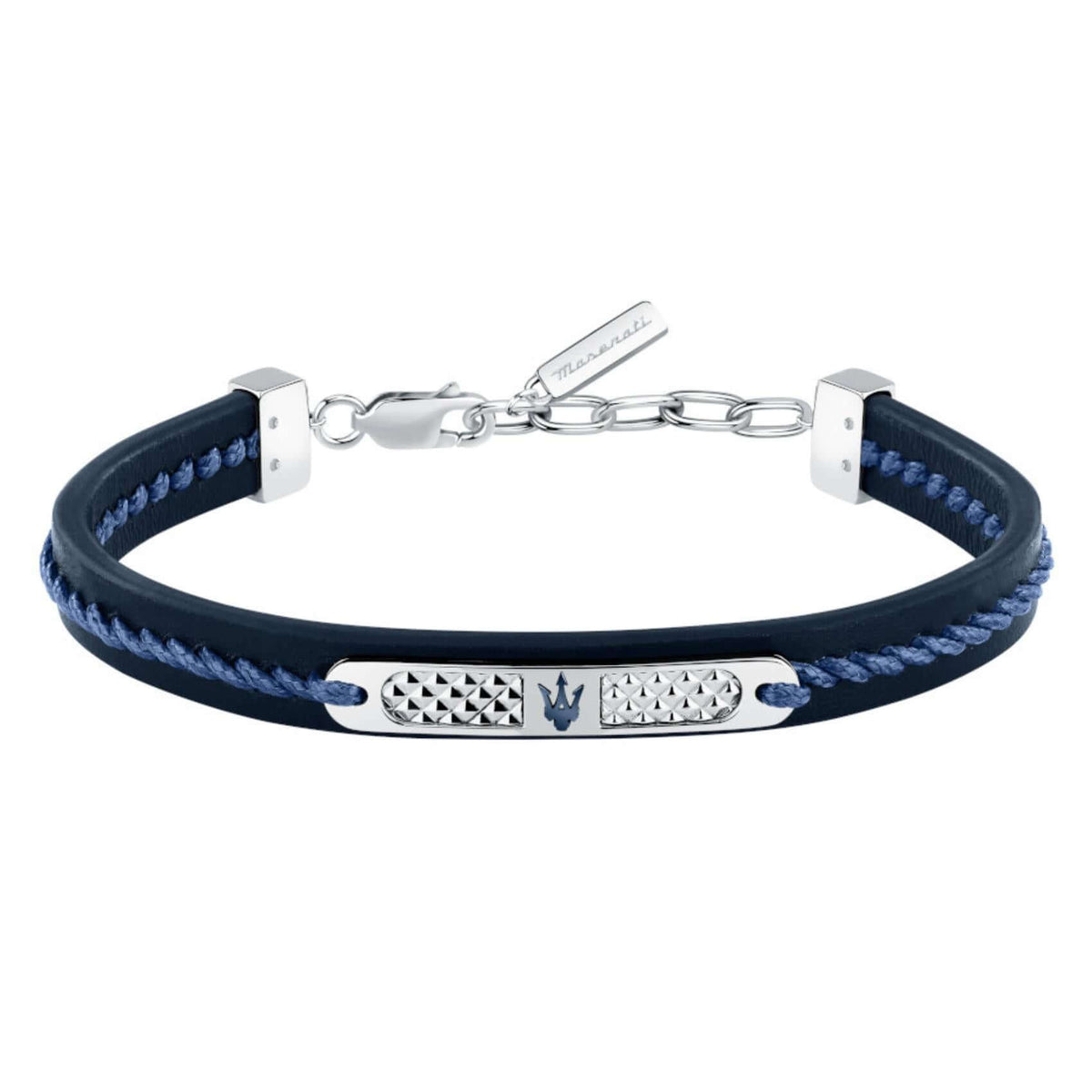 Ανδρικό βραχιόλι Maserati JM525AVE30 από ανακυκλωμένο δέρμα σε μπλε χρώμα, με ασημί ατσάλινο στοιχείο και μπλε τρίαινα.