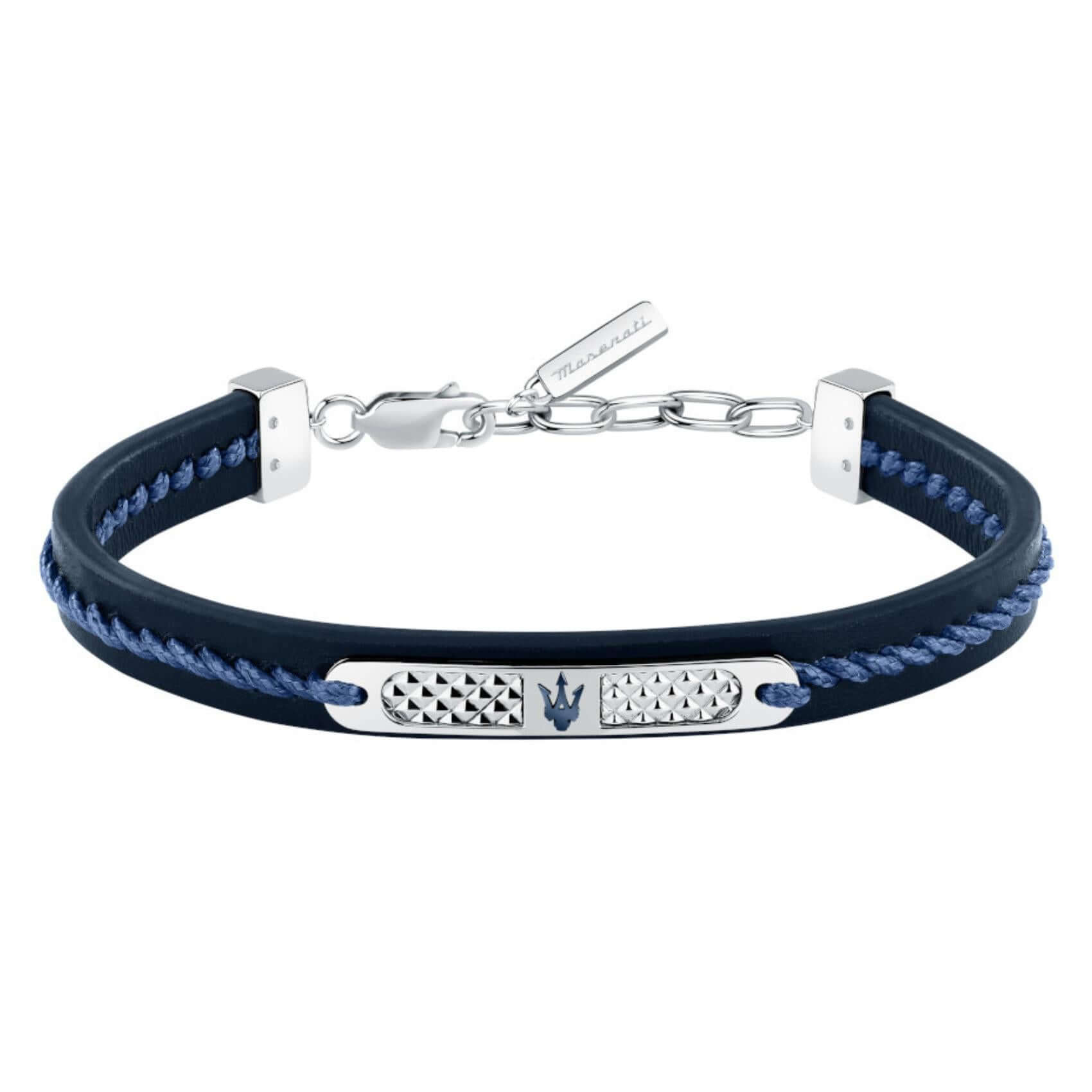 Ανδρικό βραχιόλι Maserati JM525AVE30 από ανακυκλωμένο δέρμα σε μπλε χρώμα, με ασημί ατσάλινο στοιχείο και μπλε τρίαινα.