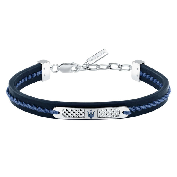 Ανδρικό βραχιόλι Maserati JM525AVE30 από ανακυκλωμένο δέρμα σε μπλε χρώμα, με ασημί ατσάλινο στοιχείο και μπλε τρίαινα.