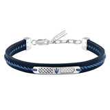 Ανδρικό βραχιόλι Maserati JM525AVE30 από ανακυκλωμένο δέρμα σε μπλε χρώμα, με ασημί ατσάλινο στοιχείο και μπλε τρίαινα.
