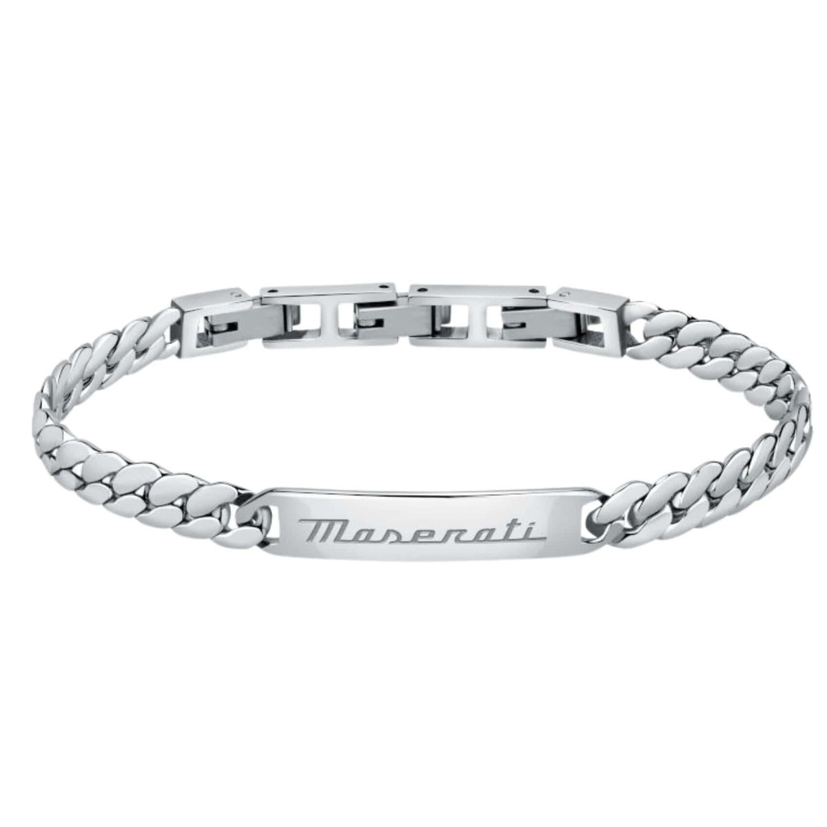 Ανδρικό βραχιόλι ταυτότητα Maserati JM222AVD06 από ανοξείδωτο ατσάλι με ασημί μπρασελέ και λογότυπο Maserati.