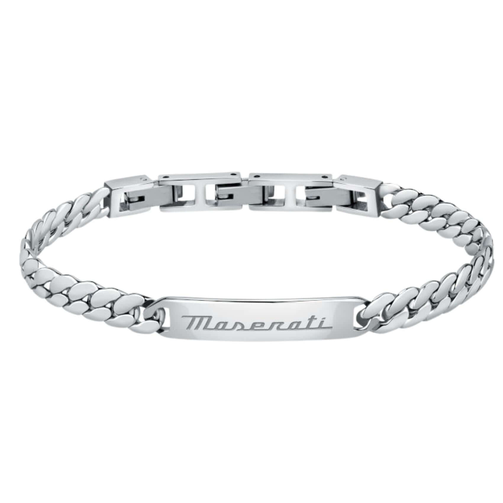 Ανδρικό βραχιόλι ταυτότητα Maserati JM222AVD06 από ανοξείδωτο ατσάλι με ασημί μπρασελέ και λογότυπο Maserati.