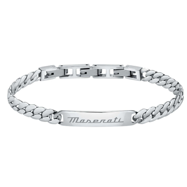 Ανδρικό βραχιόλι ταυτότητα Maserati JM222AVD06 από ανοξείδωτο ατσάλι με ασημί μπρασελέ και λογότυπο Maserati.