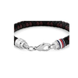 Λεπτομέρεια του δίχρωμου μαύρου καφέ δερμάτινου βραχιολιού Tommy Hilfiger με ασημί κούμπωμα, 2790632.