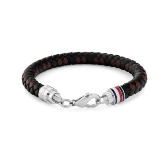 Ανδρικό δίχρωμο μαύρο καφέ δερμάτινο βραχιόλι Tommy Hilfiger με ασημί μεταλλικό κούμπωμα,2790632.