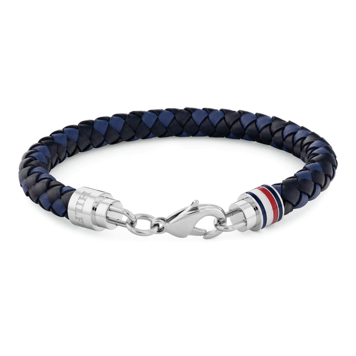 Ανδρικό δίχρωμο μπλε μαύρο δερμάτινο βραχιόλι Tommy Hilfiger με ασημί ατσάλινο κούμπωμα.