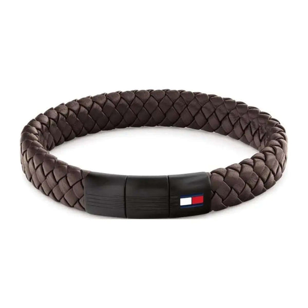 Ανδρικό βραχιόλι Tommy Hilfiger από καφέ δέρμα και κούμπωμα από μαύρο ατσάλι.