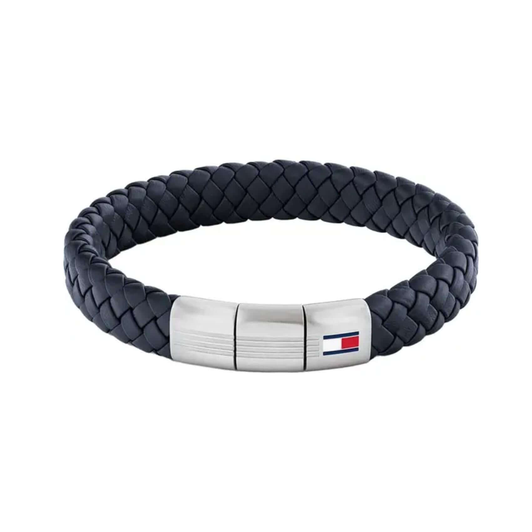 Ανδρικό μπλε δερμάτινο βραχιόλι Tommy Hilfiger με ασημί ατσάλινο  κούμπωμα.