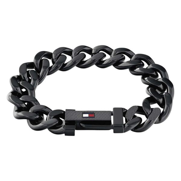 Ανδρικό ατσάλινο βραχιόλι Tommy Hilfiger 2790639 χειροπέδα σε μαύρο χρώμα και σχέδιο αλυσίδας με διαγώνια πλέξη.