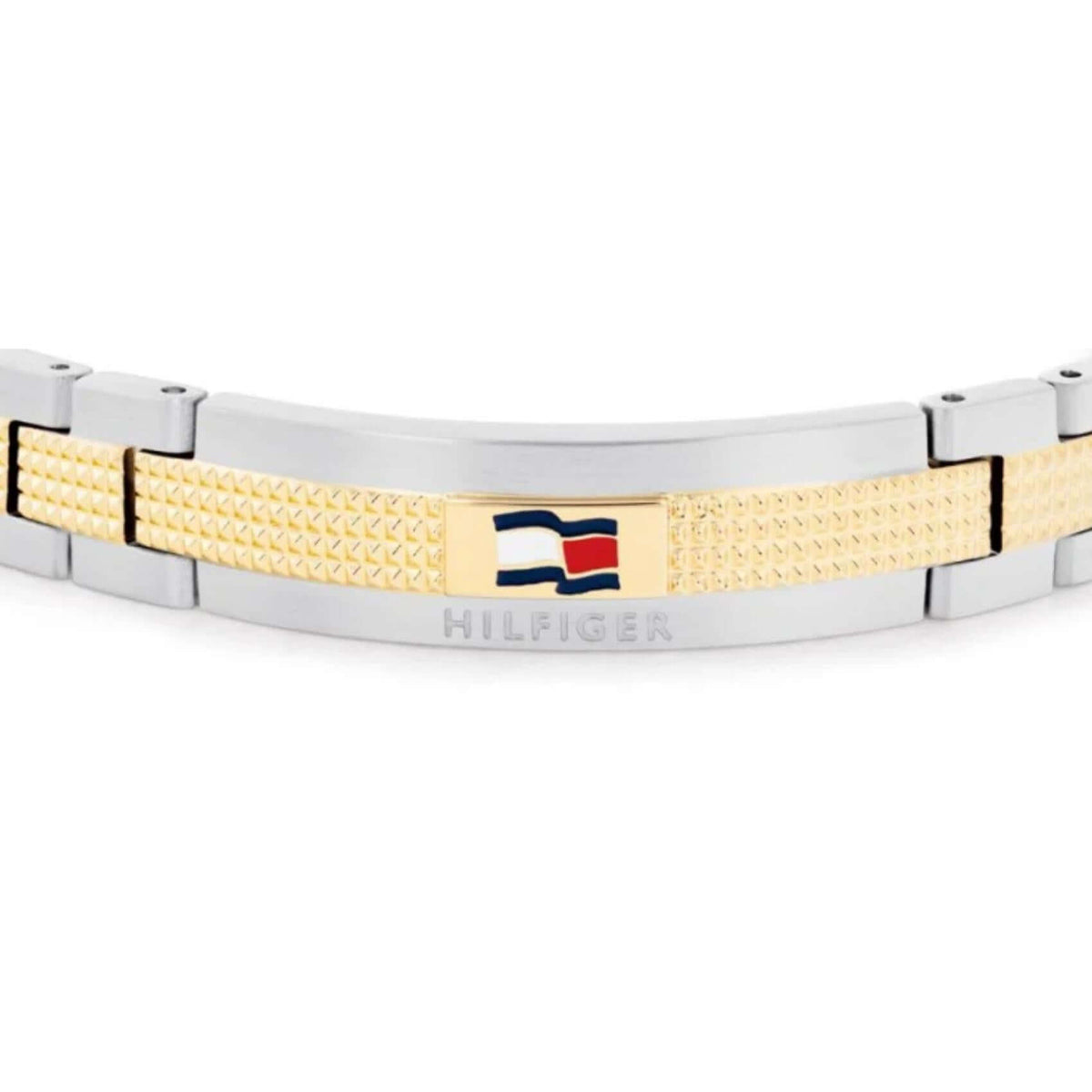 Ανδρικό ατσάλινο βραχιόλι Tommy Hilfiger 2790642 χειροπέδα δίχρωμο σε ασημένιο χρώμα με χρυσές λεπτομέρεις και σχέδιο μπρασελέ, κοντινή λήψη.