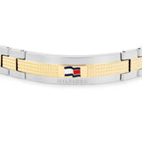 Ανδρικό ατσάλινο βραχιόλι Tommy Hilfiger 2790642 χειροπέδα δίχρωμο σε ασημένιο χρώμα με χρυσές λεπτομέρεις και σχέδιο μπρασελέ, κοντινή λήψη.