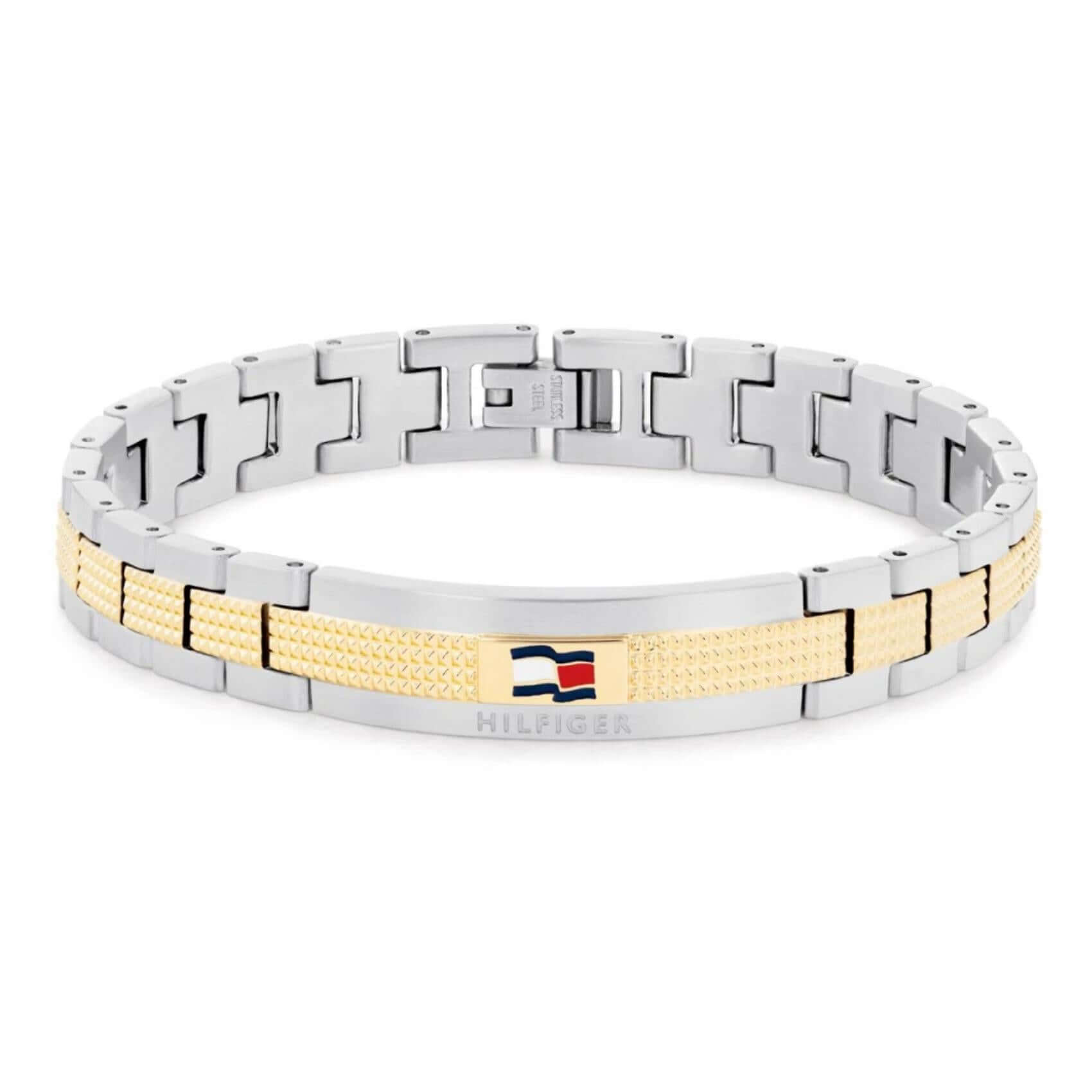 Ανδρικό ατσάλινο βραχιόλι Tommy Hilfiger 2790642 χειροπέδα δίχρωμο σε ασημένιο χρώμα με χρυσές λεπτομέρεις και σχέδιο μπρασελέ.
