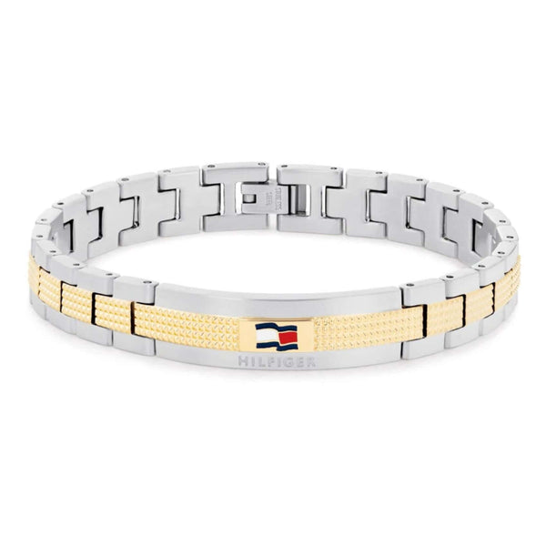 Ανδρικό ατσάλινο βραχιόλι Tommy Hilfiger 2790642 χειροπέδα δίχρωμο σε ασημένιο χρώμα με χρυσές λεπτομέρεις και σχέδιο μπρασελέ.