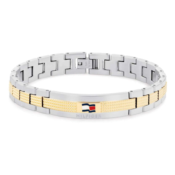 Ανδρικό ατσάλινο βραχιόλι Tommy Hilfiger 2790642 χειροπέδα δίχρωμο σε ασημένιο χρώμα με χρυσές λεπτομέρεις και σχέδιο μπρασελέ.