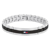 Ανδρικό ατσάλινο βραχιόλι Tommy Hilfiger 2790643 χειροπέδα σε ασημένιο χρώμα με μαύρες λεπτομέρεις και σχέδιο μπρασελέ.