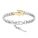 Ανδρικό βραχιόλι - χειροπέδα Lacoste 2040552 σε ασημί χρώμα με χρυσό κροκόδειλο από ανοξείδωτο ατσάλι, πίσω όψη