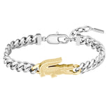 Ανδρικό βραχιόλι - χειροπέδα Lacoste 2040552 σε ασημί χρώμα με χρυσό κροκόδειλο από ανοξείδωτο ατσάλι. 