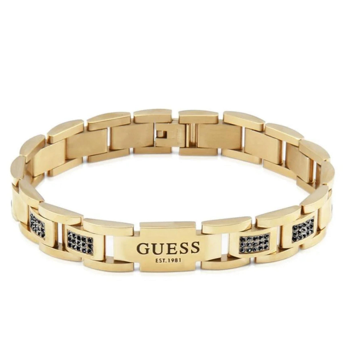 Ανδρικό βραχιόλι χειροπέδα Guess Frontiers JUMB01342JWYGBKT/U χρυσό με λογότυπο και μαύρες πέτρες ζιργκόν