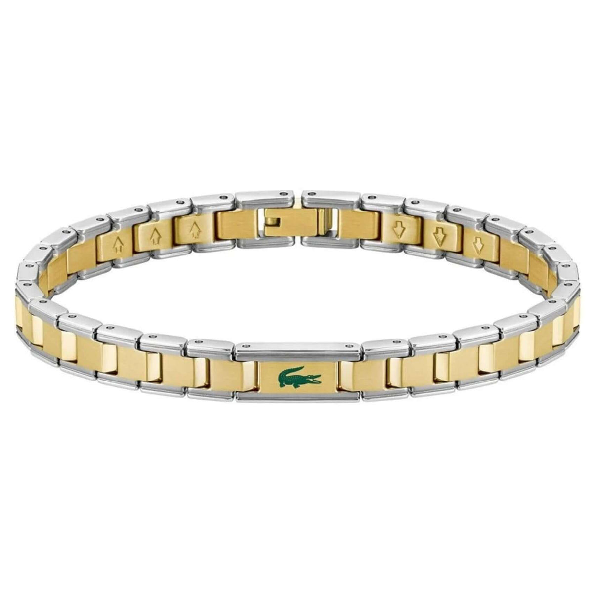 Ανδρικό βραχιόλι χειροπέδα Lacoste 2040586 σε ασημί και χρυσό χρώμα με πράσινες λεπτομέρειες από ανοξείδωτο ατσάλι.