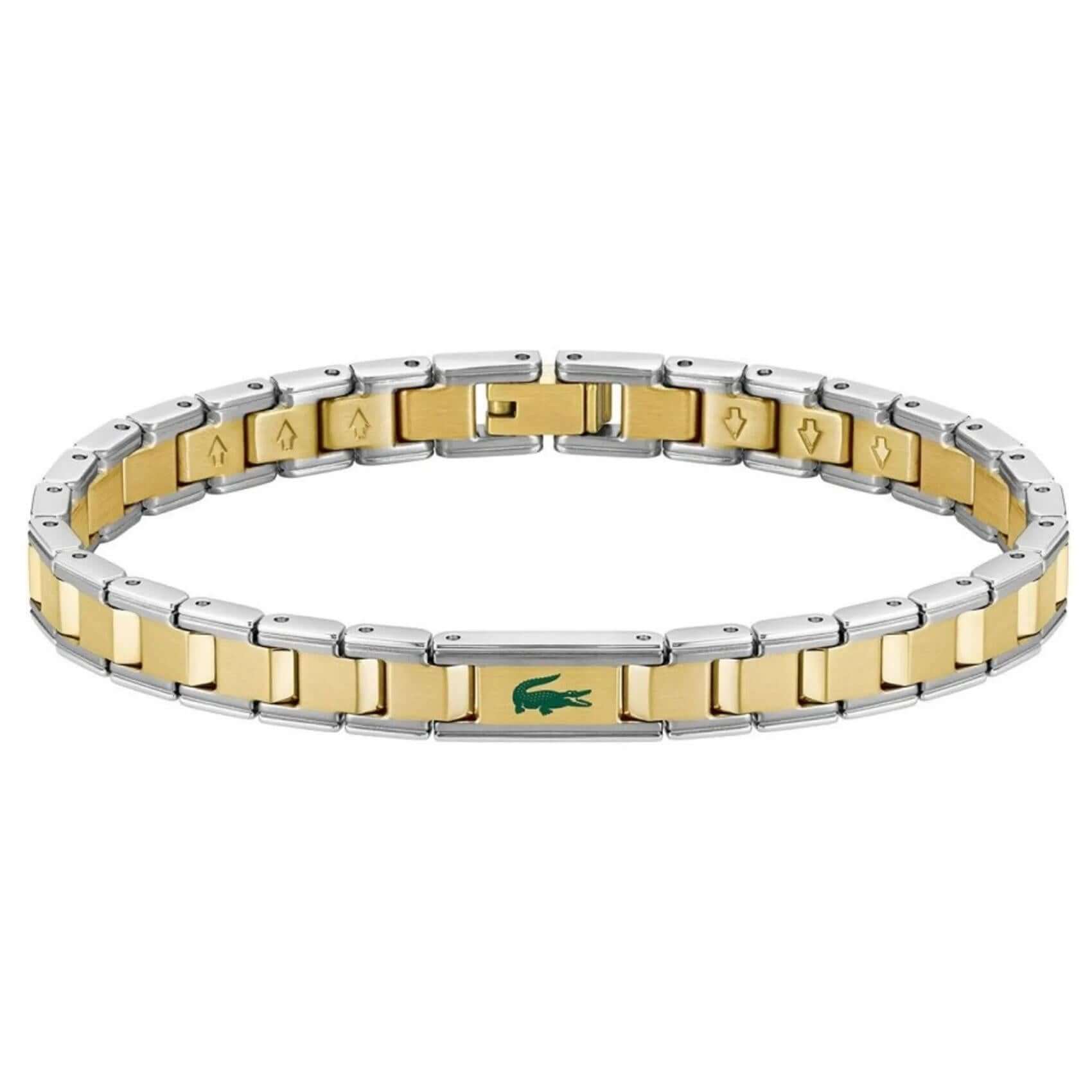 Ανδρικό βραχιόλι χειροπέδα Lacoste 2040586 σε ασημί και χρυσό χρώμα με πράσινες λεπτομέρειες από ανοξείδωτο ατσάλι.