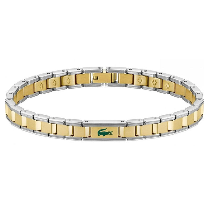 Ανδρικό βραχιόλι χειροπέδα Lacoste 2040586 σε ασημί και χρυσό χρώμα με πράσινες λεπτομέρειες από ανοξείδωτο ατσάλι.