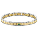 Ανδρικό βραχιόλι χειροπέδα Lacoste 2040586 σε ασημί και χρυσό χρώμα με πράσινες λεπτομέρειες από ανοξείδωτο ατσάλι.