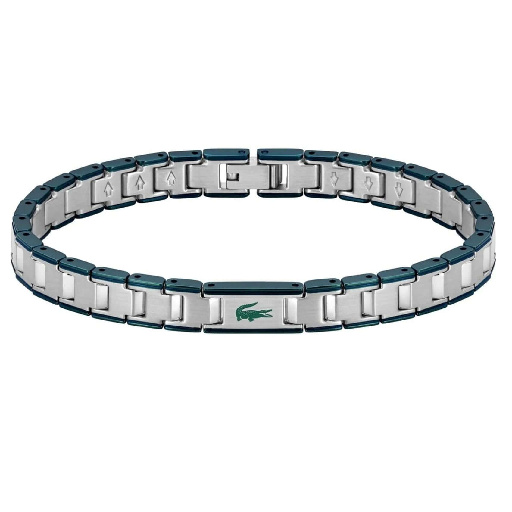 Ανδρικό βραχιόλι χειροπέδα Lacoste 2040590 σε ασημί χρώμα με πράσινες λεπτομέρειες από ανοξείδωτο ατσάλι.