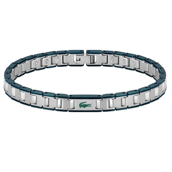 Ανδρικό βραχιόλι χειροπέδα Lacoste 2040590 σε ασημί χρώμα με πράσινες λεπτομέρειες από ανοξείδωτο ατσάλι.