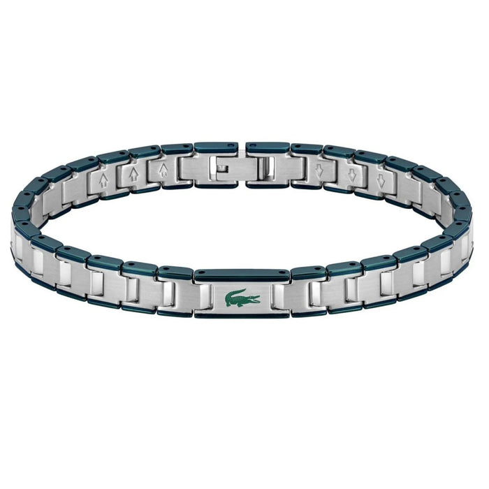 Ανδρικό βραχιόλι χειροπέδα Lacoste 2040590 σε ασημί χρώμα με πράσινες λεπτομέρειες από ανοξείδωτο ατσάλι.