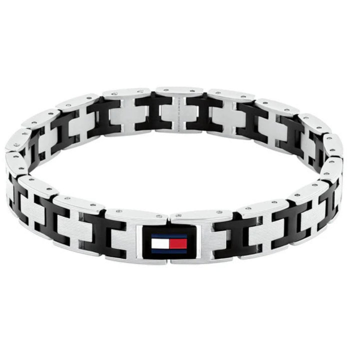 Ανδρικό βραχιόλι χειροπέδα Tommy Hilfiger 2790684 δίχρωμο σε ασημί και μαύρο χρώμα από ανοξείδωτο ατσάλι με μήκος 20cm