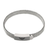 Πλάγια λήψη του ανδρικού βραχιολιού Emporio Armani EGS3150040, με έμφαση στη χειροπέδα από ατσάλι και τη δυναμική γραμμή της συλλογής Eagle Logo.