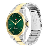 Αντρικό ρολόι Tommy Hilfiger Bruce 1792192 με δίχρωμο ατσάλινο μπρασελέ σε ασημί-χρυσό χρώμα και πράσινο καντράν διαμέτρου 42mm, πλαίνή όψη.