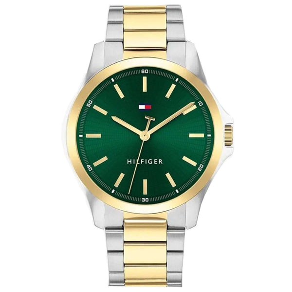 Αντρικό ρολόι Tommy Hilfiger Bruce 1792192 με δίχρωμο ατσάλινο μπρασελέ σε ασημί-χρυσό χρώμα και πράσινο καντράν διαμέτρου 42mm.