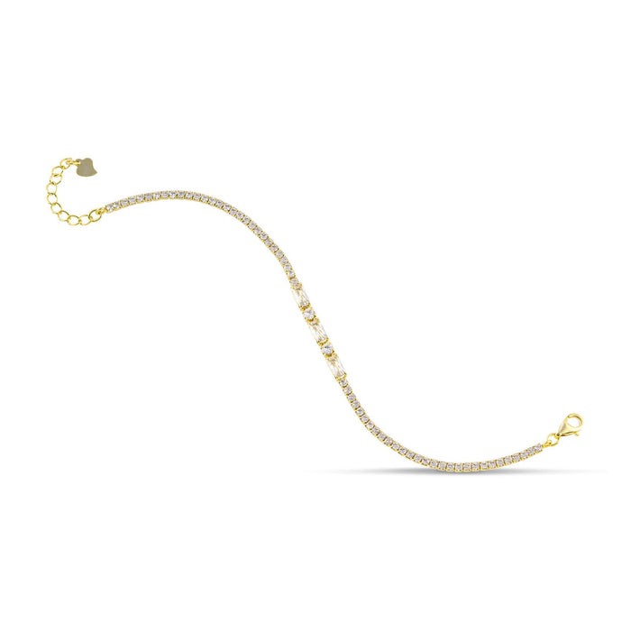 Ασημένιο γυναικείο βραχιόλι ριβιέρα SBT003 σε χρυσό χρώμα με λευκά ζιργκόν και παγιέτα στο κέντρο, ασήμι 925, ρυθμιζόμενο 18–22cm.