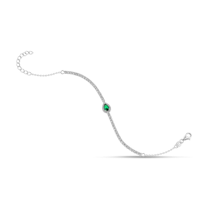 Ασημένιο βραχιόλι ριβιέρα SBT004 με λευκά ζιργκόν και πράσινο δάκρυ στο κέντρο, ασήμι 925, ρυθμιζόμενο 18–22cm, κούμπωμα ασφαλείας.