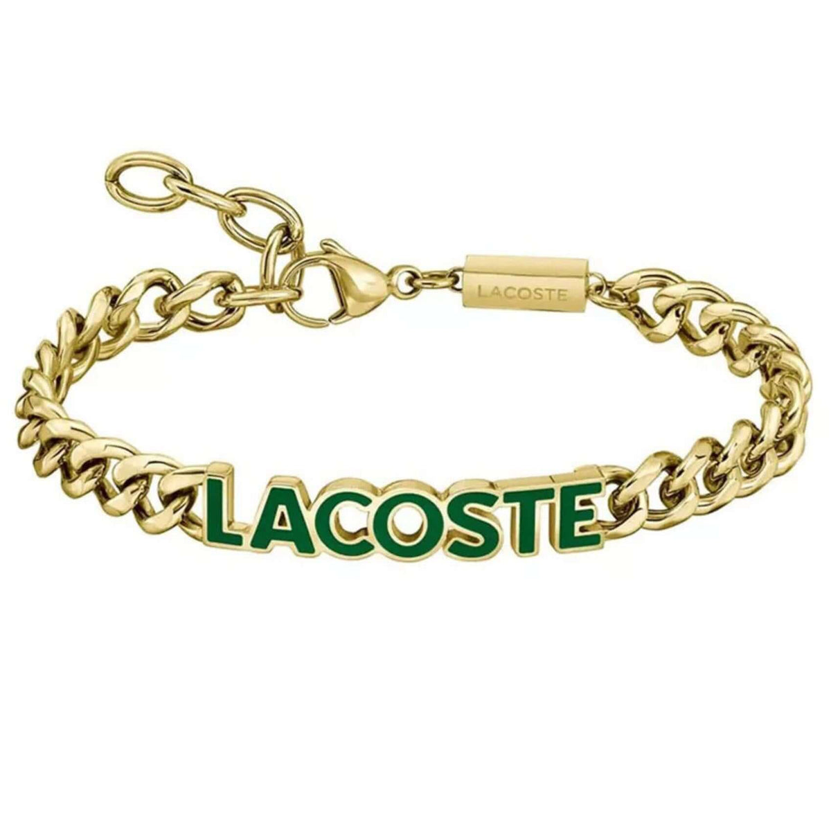 Ανδρικό βραχιόλι Lacoste 2040477 ατσάλινο σε χρυσό χρώμα με το λογότυπο της Lacoste διακοσμημένο με πράσινο σμάλτο.